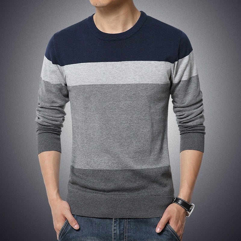 Suéter masculino casual com decote em listrado malha slim fit