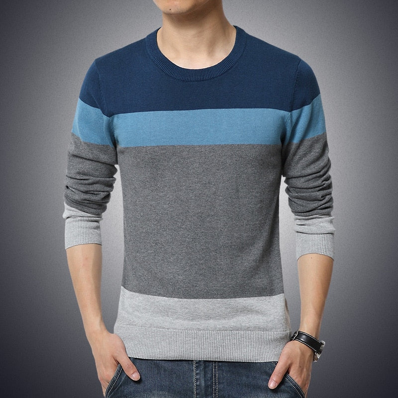Suéter masculino casual com decote em listrado malha slim fit