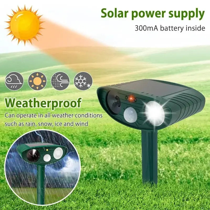 Repelente ultrassônico de animais para cães e gatos, movido a energia solar, recarregável, jardim, à prova d'água, dissuasor de animais para quintal de fazenda, 1 peça