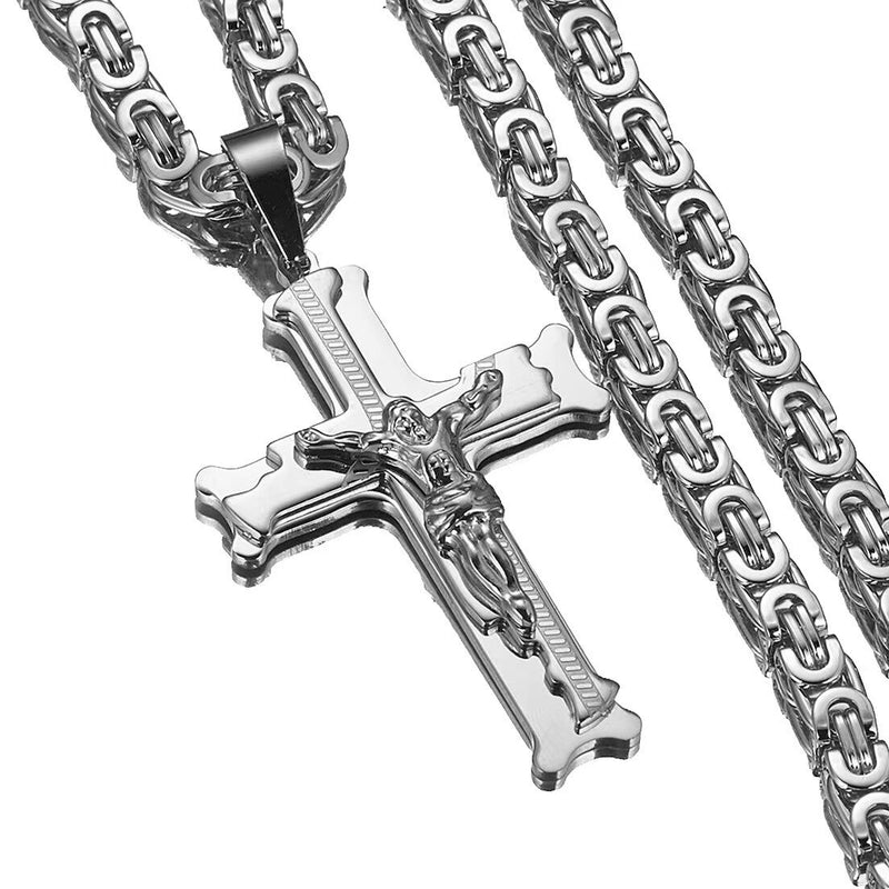 Colar crucifixo de Jesus para Homens e Mulheres, Pingente Crucifixo, Aço Inoxidável, Corrente Bizantina