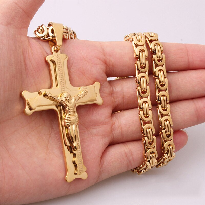 Colar crucifixo de Jesus para Homens e Mulheres, Pingente Crucifixo, Aço Inoxidável, Corrente Bizantina