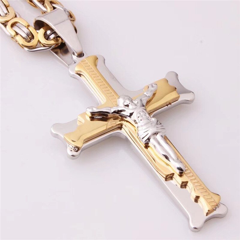 Colar crucifixo de Jesus para Homens e Mulheres, Pingente Crucifixo, Aço Inoxidável, Corrente Bizantina