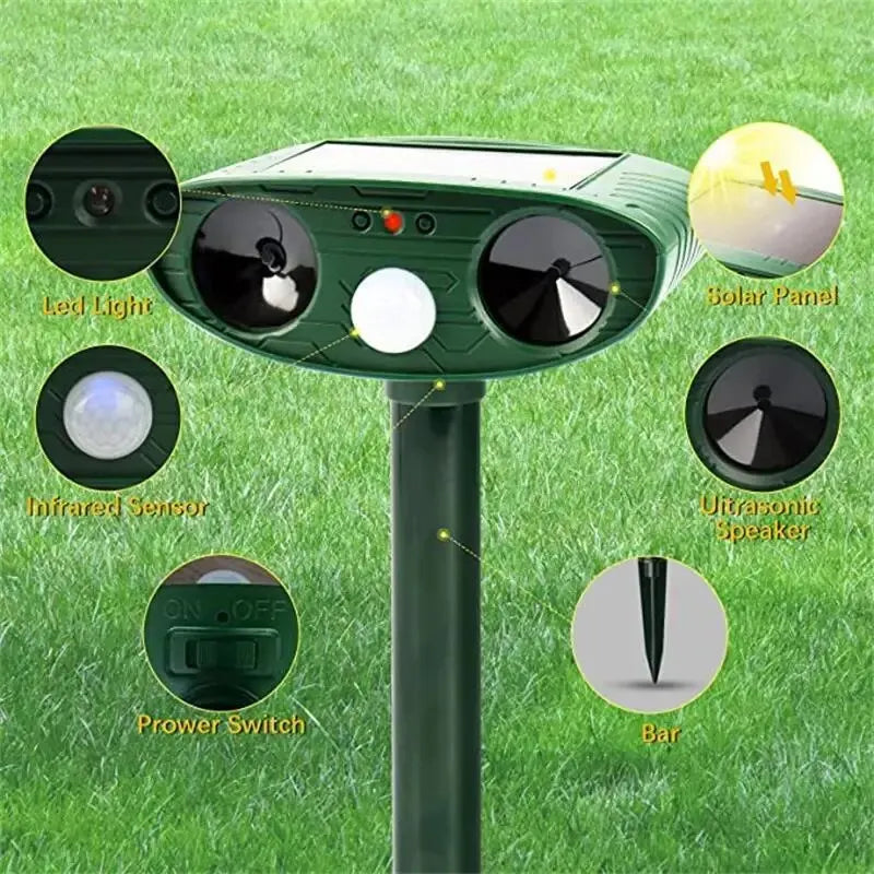 Repelente ultrassônico de animais para cães e gatos, movido a energia solar, recarregável, jardim, à prova d'água, dissuasor de animais para quintal de fazenda, 1 peça