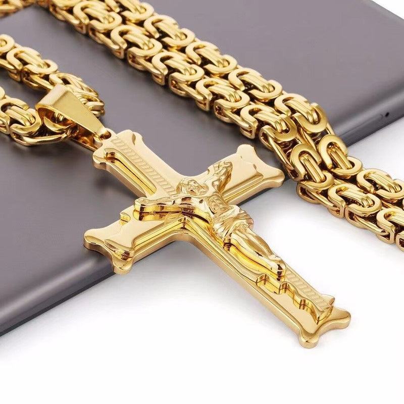 Colar crucifixo de Jesus para Homens e Mulheres, Pingente Crucifixo, Aço Inoxidável, Corrente Bizantina