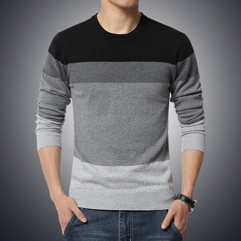 Suéter masculino casual com decote em listrado malha slim fit