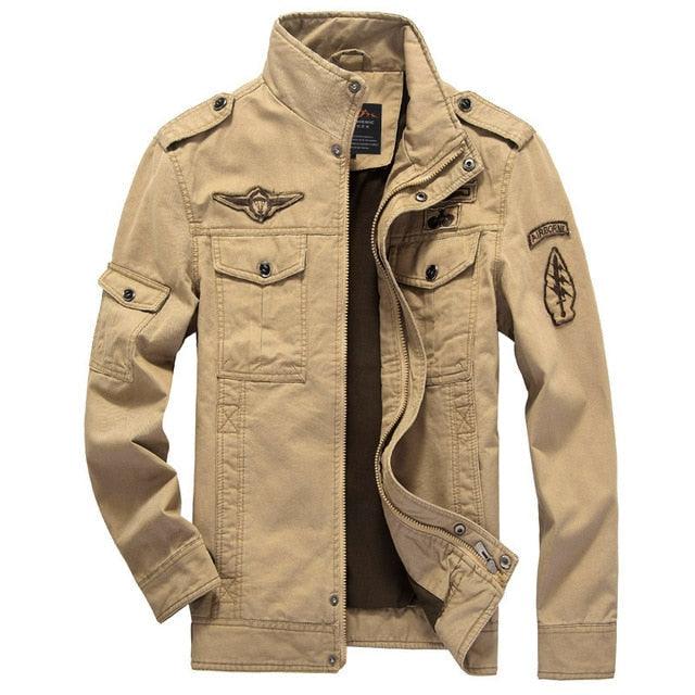 Jaqueta militar masculina de algodão com gola alta e zíper - SELETO