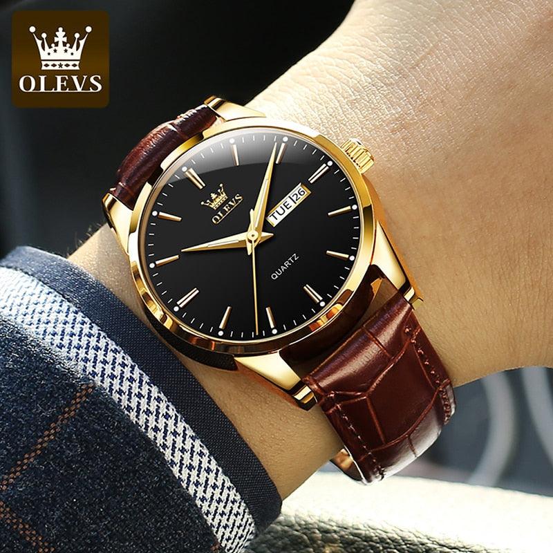 RELÓGIO MASCULINO DOURADO SOCIAL OLEVS PULSEIRA COURO LUXO - SELETO