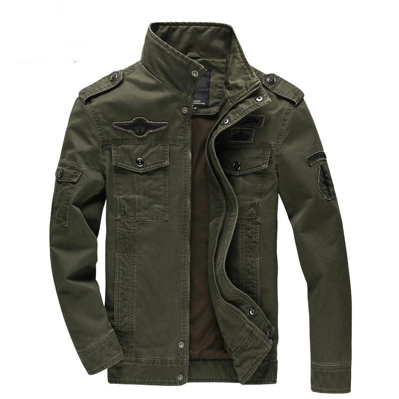 Jaqueta militar masculina de algodão com gola alta e zíper - SELETO