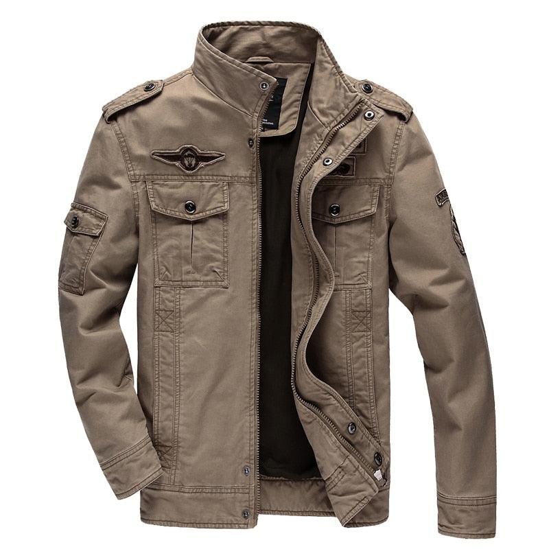 Jaqueta militar masculina de algodão com gola alta e zíper - SELETO