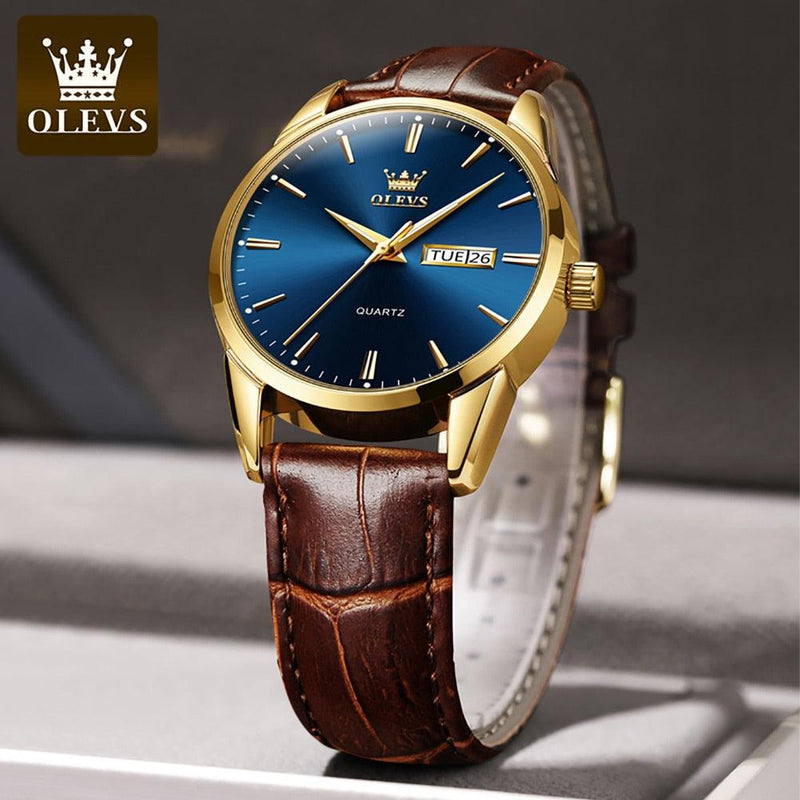 RELÓGIO MASCULINO DOURADO SOCIAL OLEVS PULSEIRA COURO LUXO - SELETO