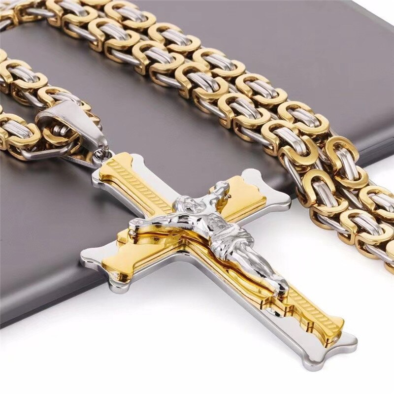 Colar crucifixo de Jesus para Homens e Mulheres, Pingente Crucifixo, Aço Inoxidável, Corrente Bizantina