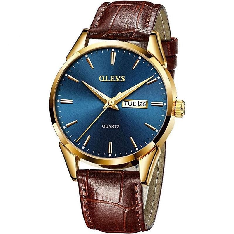 RELÓGIO MASCULINO DOURADO SOCIAL OLEVS PULSEIRA COURO LUXO - SELETO