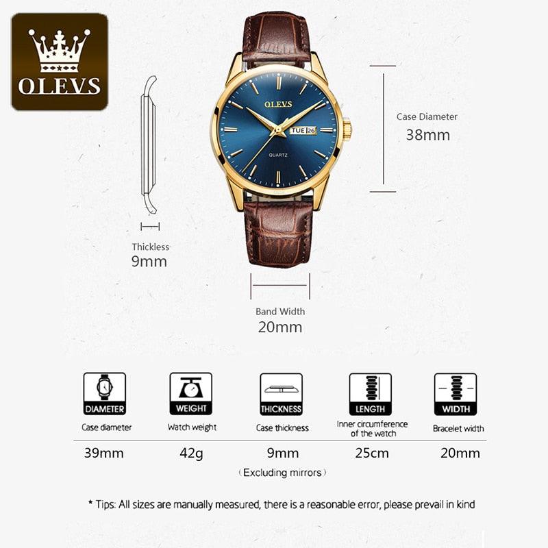 RELÓGIO MASCULINO DOURADO SOCIAL OLEVS PULSEIRA COURO LUXO - SELETO