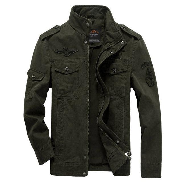 Jaqueta militar masculina de algodão com gola alta e zíper - SELETO