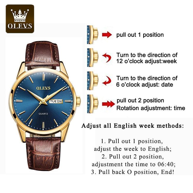 RELÓGIO MASCULINO DOURADO SOCIAL OLEVS PULSEIRA COURO LUXO - SELETO