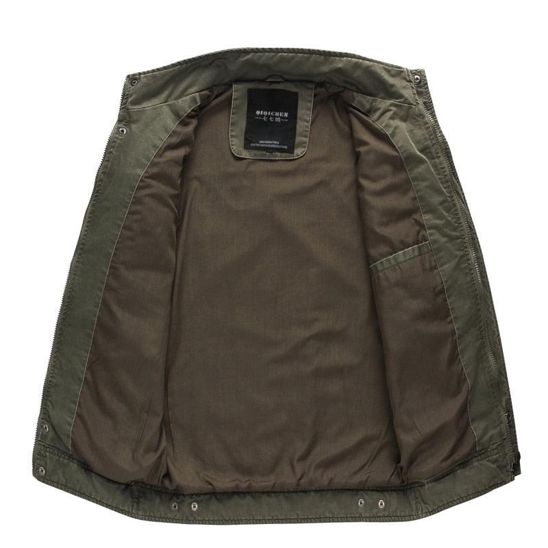 Jaqueta militar masculina de algodão com gola alta e zíper - SELETO
