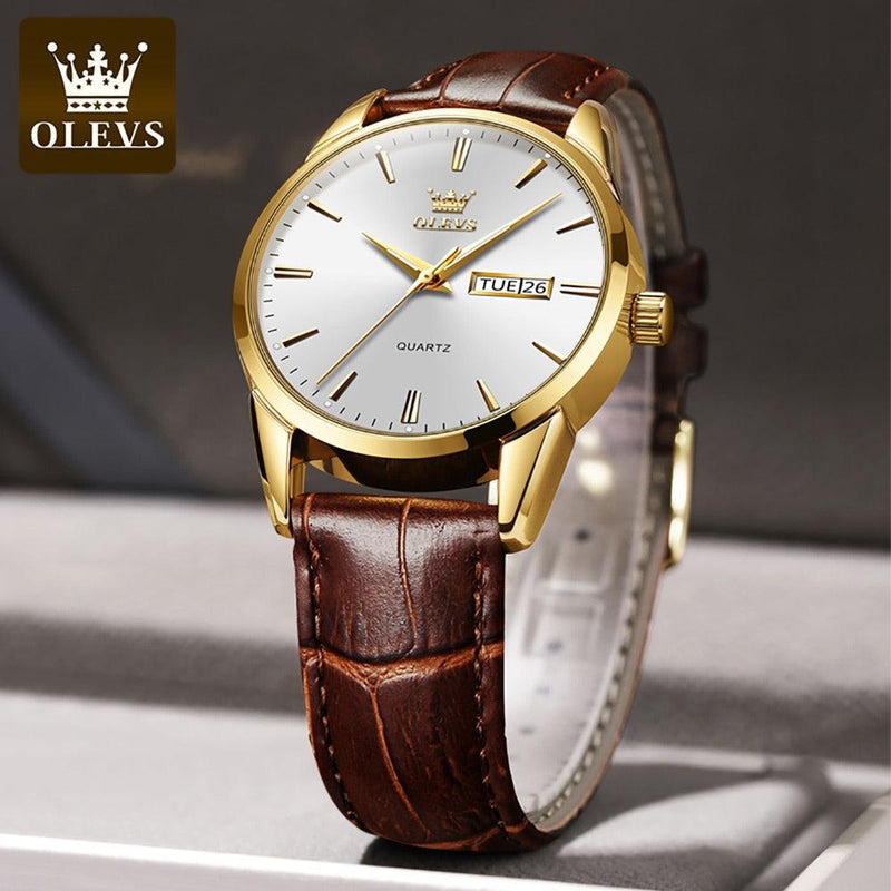 RELÓGIO MASCULINO DOURADO SOCIAL OLEVS PULSEIRA COURO LUXO - SELETO
