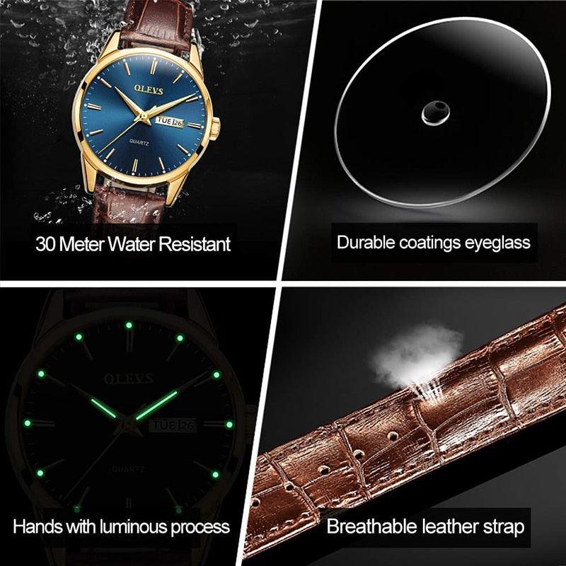 RELÓGIO MASCULINO DOURADO SOCIAL OLEVS PULSEIRA COURO LUXO - SELETO