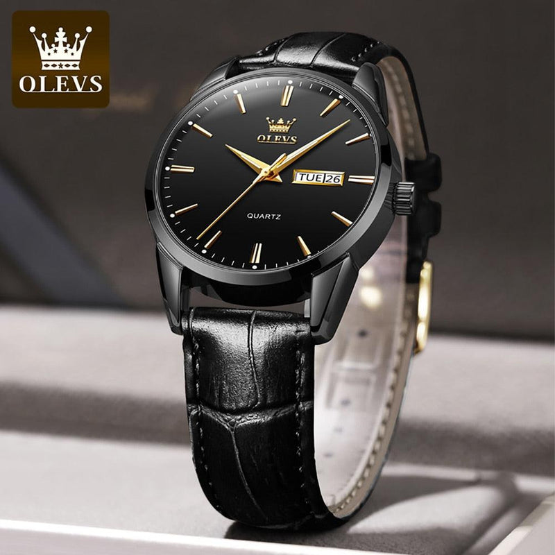 RELÓGIO MASCULINO DOURADO SOCIAL OLEVS PULSEIRA COURO LUXO - SELETO