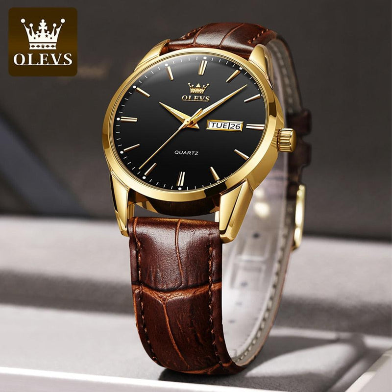 RELÓGIO MASCULINO DOURADO SOCIAL OLEVS PULSEIRA COURO LUXO - SELETO